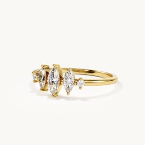 14K Solid Gold Marquise Diamond Cluster Ring, Unique Engagement Band, Minimalist Marquise Moissanite Promise Ring, Dainty Anniversary Gift