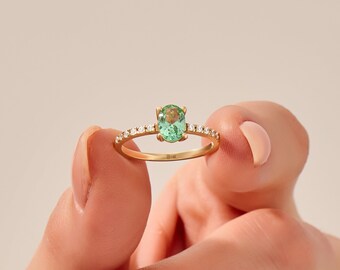 14k Gold Paraiba Tourmaline Ring, Solid Gold Tourmaline Solitaire Ring, Oval Emerald Engagement Ring, Women Green Gemstone Ring, Unique Gift