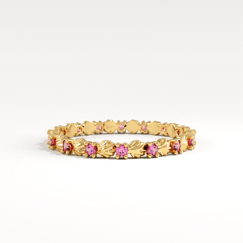 CZ Ruby Shell Ring, 14K Solid Gold Stackable Band, Dainty Ruby Ocean Inspired Ring, Minimalist Real Gold Pink Gemstone Ring, Gift For Her image 2