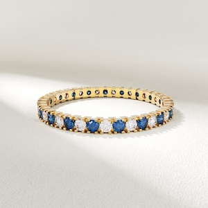 14k Solid Gold Sapphire Wedding Band • Thin Eternity Stacking Ring for Women • Blue Gemstone and Diamond Ring • Minimalist Gift Jewelry