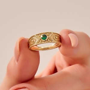 14k Gold Emerald Band Ring, Solid Gold Byzantine Ring for Women, Medieval Ring, Chunky Statement Ring, Antique Style Ring, Thick Band Ring