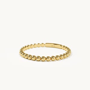 14K Solid Gold Beaded Ring, Minimalist 1mm Thin Stackable Band, Dainty Dotted Stacking Jewelry, Gift Her