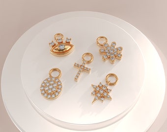 Plain Hoop Earring with Charms, 14k Solid Gold Drop Earring Women, Dangling Charms for Huggies, Cute Earrings, Star Evil Eye Cross Snowflake