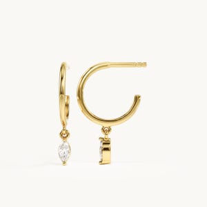 14K Solid Gold Marquise Lab Diamond Hoop Earrings, Dainty Charm Hoops, Minimal Dangle Jewelry, Dainty Everyday Gift for Woman