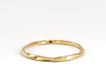 Ultradunne gedraaide ring van 1 mm dik massief 14 karaats goud, minimalistische Möbius trouwring, sierlijke stapelring, smalle gouden beloftesring voor haar