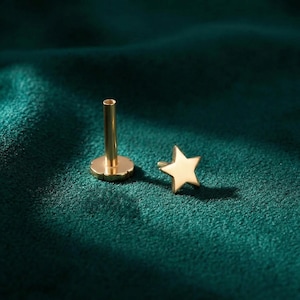 以下が含まれることがあります： 平らな背面とポストが付いた、金色の星型のイヤリングのペア。 片方のイヤリングは取り外されており、ポストと平らなベースが表示されています。 イヤリングは濃い緑色のテクスチャード加工された表面にあります。