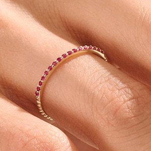Ruby Stacking Ring, 14K Solid Gold Ring, Pave Ruby Band, Stackable Ring Ruby, Minimalist Ring, Ruby Wedding Ring, Thin Ruby Band Women