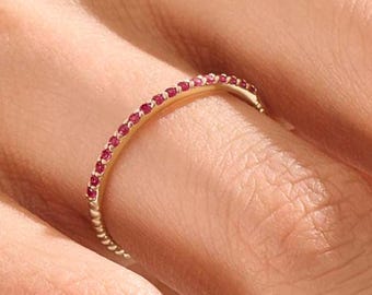 Ruby Stacking Ring, 14K Solid Gold Ring, Pave Ruby Band, Stackable Ring Ruby, Minimalist Ring, Ruby Wedding Ring, Thin Ruby Band Women
