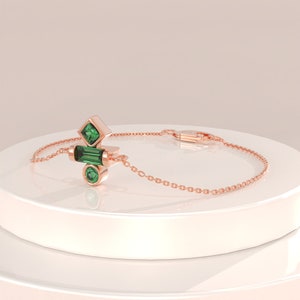 14k Gold Emerald Charm Bracelet, Solid Gold May Birthstone Bracelet, Womens Minimalist Green Bracelet, Dainty Emerald Stacking Bracelet image 3