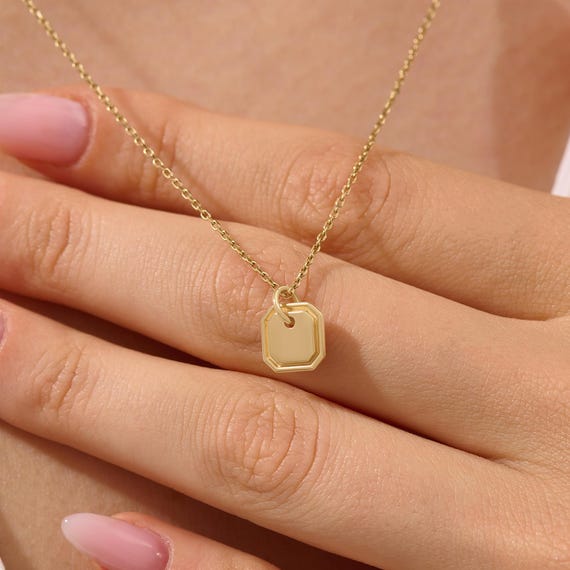 14k Solid Gold Tiny Rectangle Tag Pendant Necklace for Women