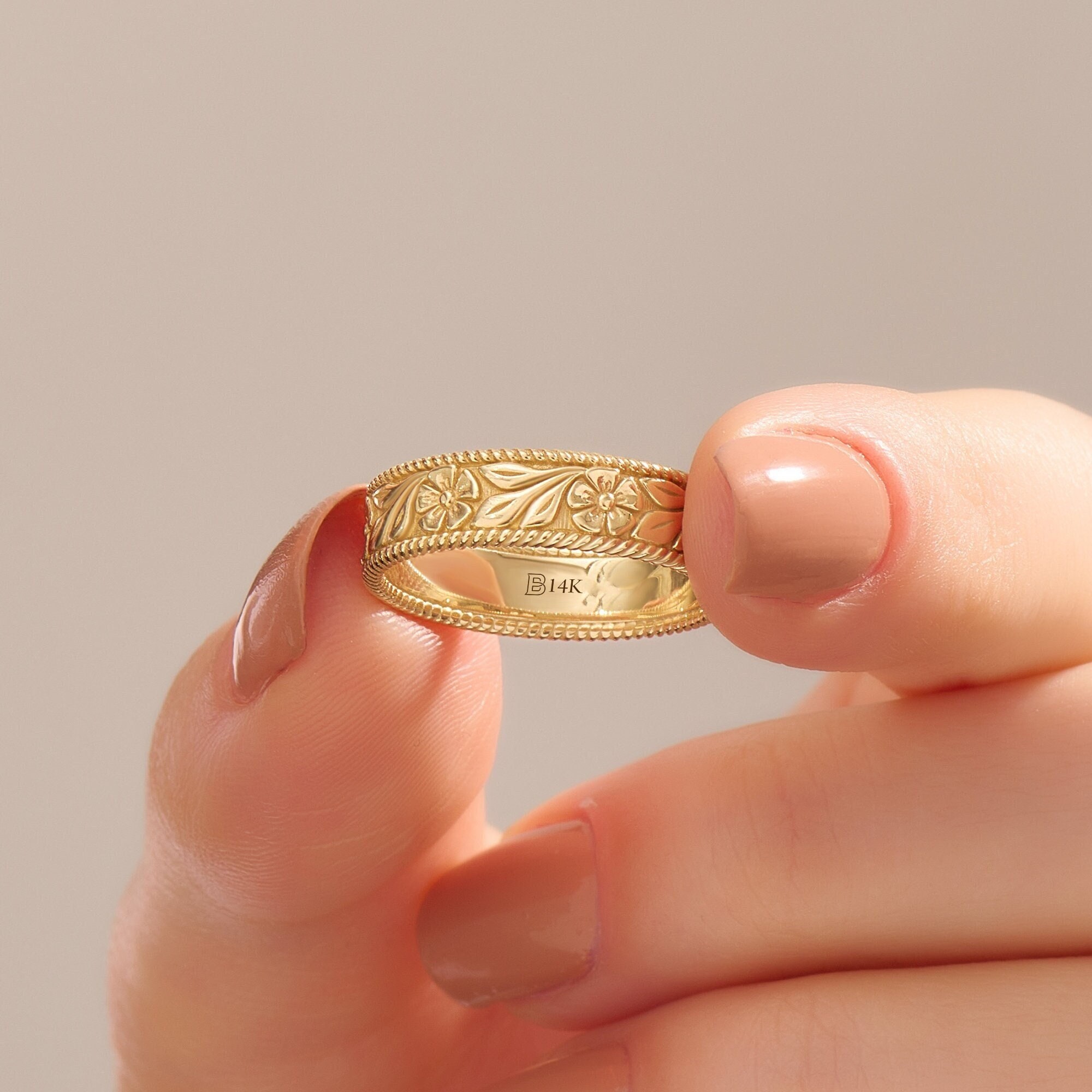 14k Gold Floral Engraved Wedding Band, Womens Solid Gold Thick Gold Ring, Vintage Design Flower Pattern Ring, Nature Inspired Wide Ring