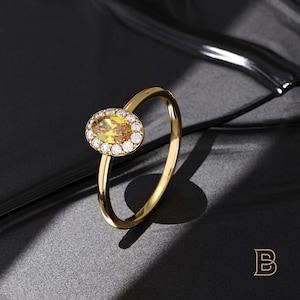 14k Solid Gold Citrine Ring Oval Halo, November Birthstone Ring for Women, Dainty Yellow Gemstone Band, Minimalist Citrine Engagement Ring