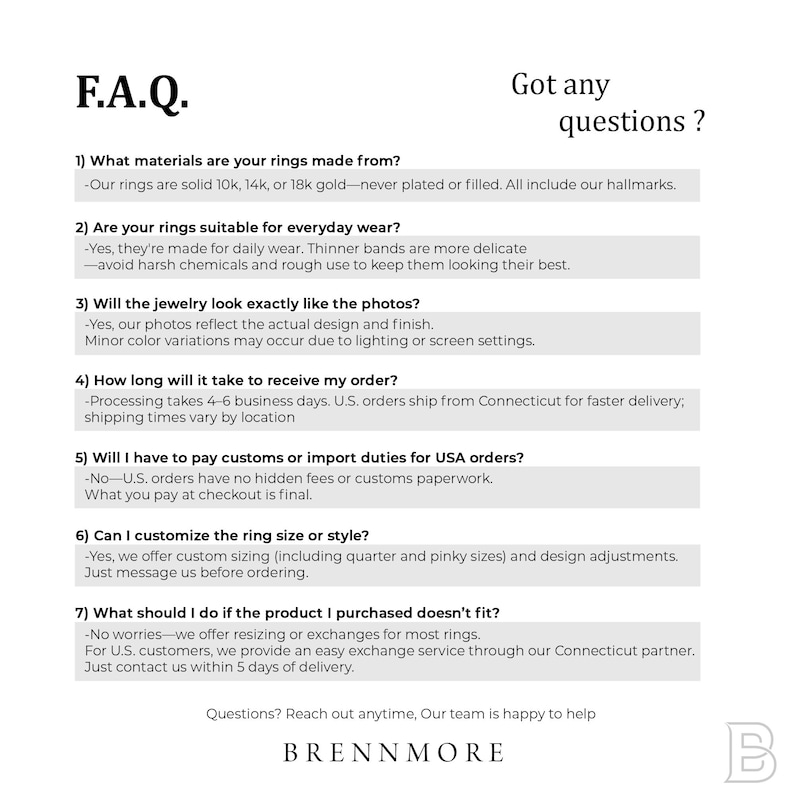 May include: A white informational graphic titled F.A.Q. with the heading Got any questions? It lists seven numbered questions and answers regarding ring materials, daily wear, photo accuracy, processing times, customs, sizing, and exchanges for Brennmore.