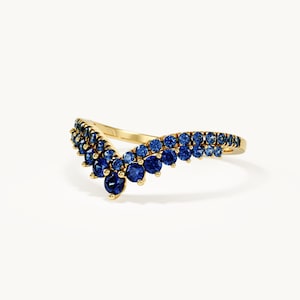 V Shaped Sapphire Wedding Band 14K Solid Gold, Chevron Ring Enhancer for Women, Dainty Stackable Contour Ring, Minimalist Gift for Her