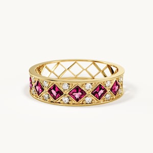 Ruby Eternity Band, Thick Pave Stackable Wedding Ring, 14K Solid Gold Red Gemstone Band, Anniversary Gift for Wife