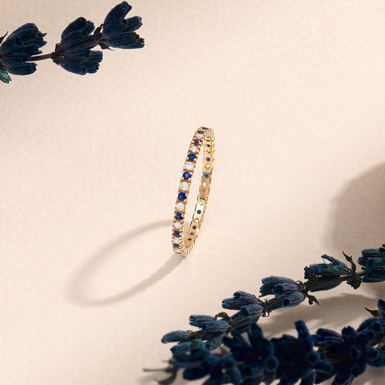 Solid Gold Sapphire Wedding Band, 14k Gold Eternity Ring for Women, Thin Stacking Ring, Blue Gemstone Ring, Minimalist Diamond Sapphire Ring image 2