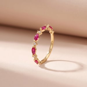 14k Solid Gold Ruby Ring, Dainty Stacking Ring, Marquise Ruby Band, Unique Stackable Ring, Half Eternity Ring, Gift for Women