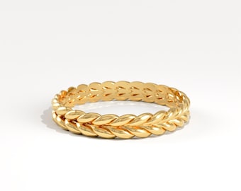 14K Solid Gold Wheat Wedding Band - Nature Inspired Leaf Textured Ring - Botanical Gold Jewelry