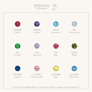 May include: A birthstone chart by Brennmore, featuring twelve gemstones representing each month. The chart includes Garnet, Amethyst, Aquamarine, White Zirconia, Emerald, Alexandrite, Ruby, Peridot, Sapphire, Pink Tourmaline, Topaz, and Blue Zirconia.