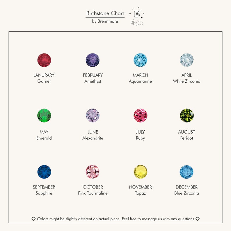 May include: A birthstone chart by Brennmore, featuring twelve gemstones representing each month. The chart includes Garnet, Amethyst, Aquamarine, White Zirconia, Emerald, Alexandrite, Ruby, Peridot, Sapphire, Pink Tourmaline, Topaz, and Blue Zirconia.