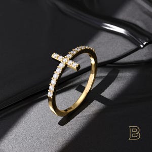 14k Solid Gold Sideways Cross Ring, Pavé CZ Faith Ring for Women, Minimalist Dainty Gold Band, Simple Religious Gift for Her