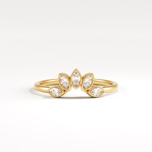 14k Solid Gold Curved Wedding Ring – Marquise Sunburst Stacking Band for Women, Minimalist Nesting Enhancer Ring with Lab Diamond CZ Accents