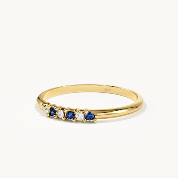 Sapphire Wedding Band 14K Solid Gold, Dainty Half Eternity Stackable Ring, Thin Minimalist Bridal Band Gift for Wife