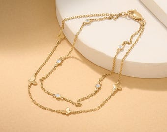 14K Solid Gold Butterfly Bracelet | Double Layer Bezel CZ Station Chain, Dainty Layered Bracelet