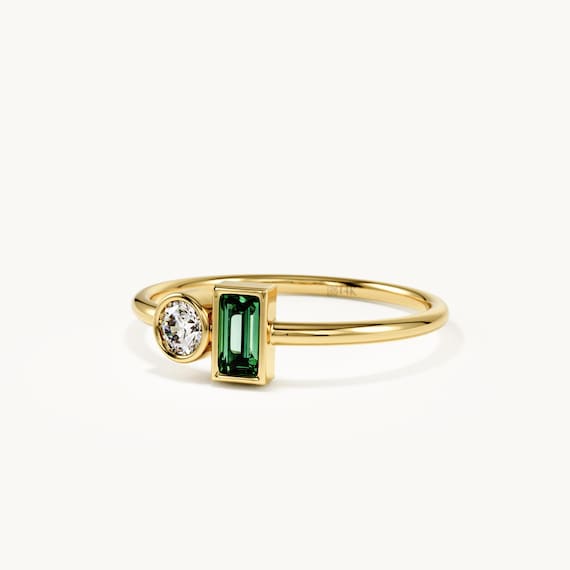 Toi et Moi Ring 14k Solid Gold, Emerald and Diamond Two Stone Ring, Bezel Set Wedding Band, Unique Anniversary Gift, Personalized Jewelry