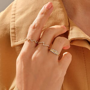14K Solid Gold Zigzag Diamond Ring, Minimalist Wave Wedding Band, Unique Geometric Stackable Ring, Dainty Chevron Sparkle Band, Gift for Her image 5