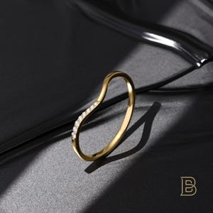Curved Wedding Band Women 14k Solid Gold Wave Ring One Side Pave Ring Enhancer Minimalist Contour Band Stacking Wedding Ring Jewelry Gift