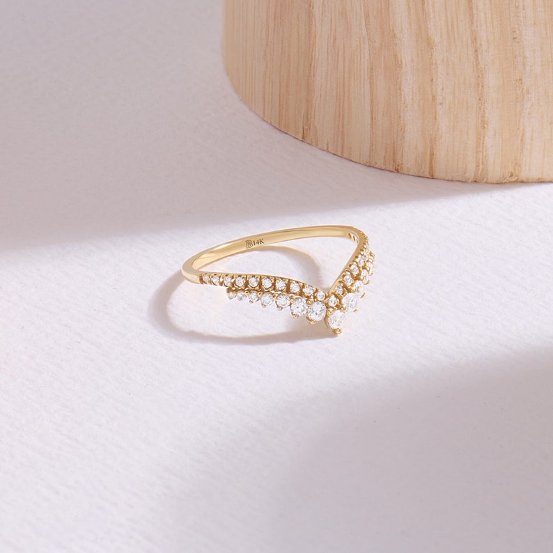 14k Gold Curved Wedding Ring, Solid Gold Royal Curve Ring, Dainty V Shaped Chevron Ring, Pave Lab Diamond Cz Stacking Ring, Handmade Gifts image 5