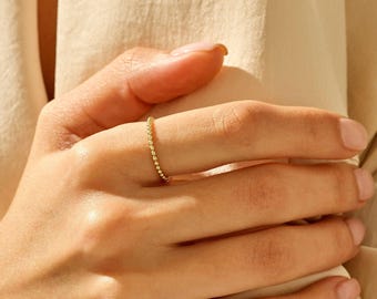 14K Solid Gold Beaded Ring, Minimalist 1mm Thin Stackable Band, Dainty Dotted Stacking Jewelry, Gift Her