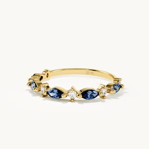 14K Solid Gold Marquise Sapphire Band, Blue Gemstone Half Eternity Ring, Minimalist Wedding Band for Women, Stackable Ring Enhancer Jewelry
