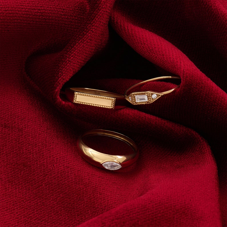 Solid Gold Baguette Signet Ring, 14k Minimalist Pinky Ring, Vintage Design Women Slim Statement Ring, Dainty Diamond Cz Stacking Band image 7