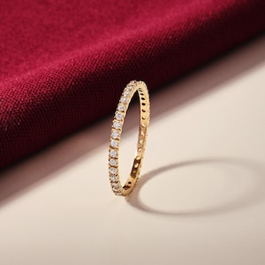 14K Solid Gold Diamond Ring, Moissanite Eternity Band For Women, Pave Wedding Band, Dainty Stacking Ring, Minimalist Bridal Promise Gift image 8