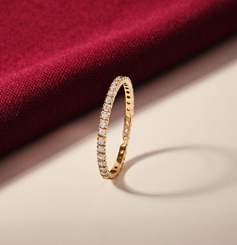14K Solid Gold Diamond Ring, Moissanite Eternity Band For Women, Pave Wedding Band, Dainty Stacking Ring, Minimalist Bridal Promise Gift image 8