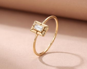 14K Solid Gold Baguette Signet Ring | Modern Art Deco Framed Diamond Ring | Unique Geometric Stacking Band | Dainty Gold Jewelry | Gift Her