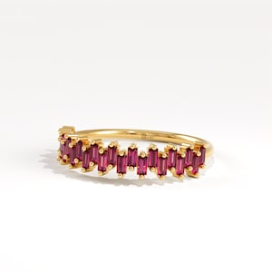 14K Solid Gold Baguette Ruby Ring, Half Eternity Wedding Band, Dainty Minimalist Stackable Ring, Gift for Women