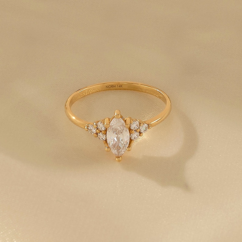 14k Gold Marquise Anniversary Ring, Solid Gold Basic Engagement Ring, Womens Vintage Style Solitaire Ring, Minimalist Lab Diamond Cz Ring image 3