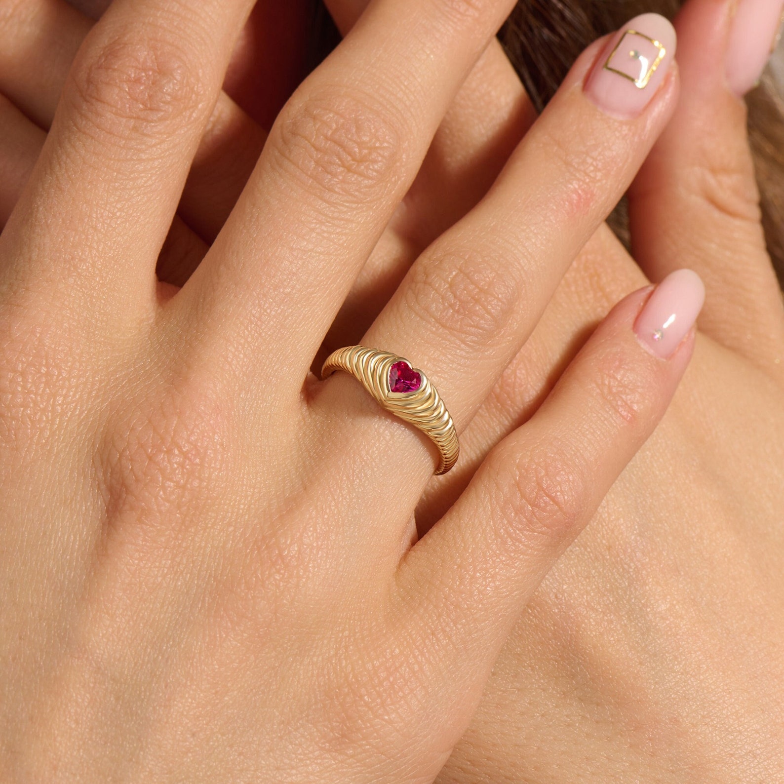 Ruby Heart Croissant Dome Ring by NormJewels