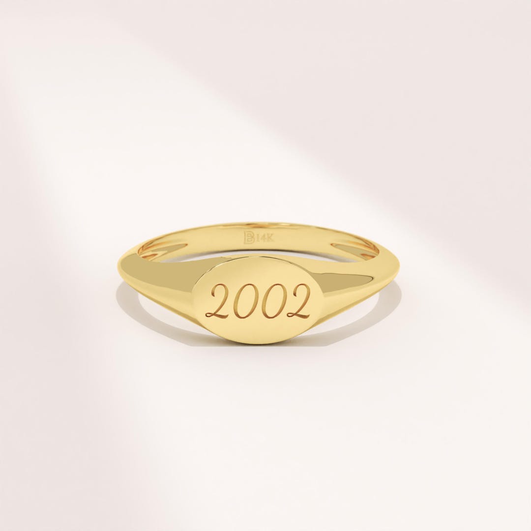 14K Solid Gold Year Signet Ring, Personalized Oval Date Ring, Custom ...