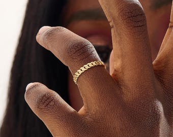 14K Solid Gold Curb Chain Ring for Women, Minimalist Link Eternity Band, Modern Statement Ring, Unique Anniversary Gift for Her