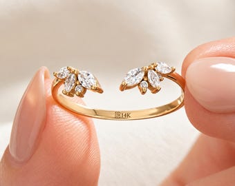 14k Gold Open Wedding Band Ring, Marquise Lab Grown Diamond Cuff Ring, Gap Stacking Ring for Solitaire, Unique Chevron Spacer Band