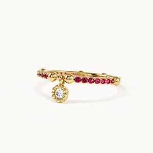 14k Solid Gold Ruby Pavé Slim Ring with Dangling Diamond Charm Delicate Stackable Jewelry Minimalist Fine Gold Gift for Her