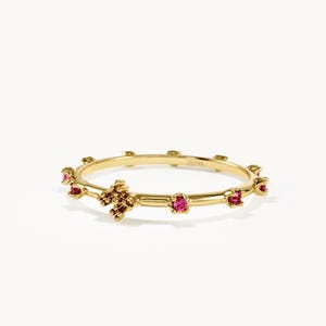 14k Solid Gold Ruby Rosary Ring, Cross Pinky Ring, Finger Rosary Cross Ring, Dainty Catholic Religious Ring