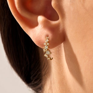 14k Gold Cluster Earrings Solid Gold Diamond Cz Earrings Women Minimalist Hoop Earrings Dainty Huggie Earrings Real Gold Everyday Earrings