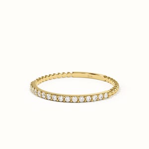 14k Solid Gold Half Eternity Ring, Ultra Thin Pave Wedding Band, Delicate Stackable Promise Ring, Unique Fine Bridal Jewelry
