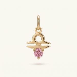 Pink Sapphire Libra Zodiac Penndant Necklace, 14K Solid Gold Scales Glyph Charm September Birthday Gift