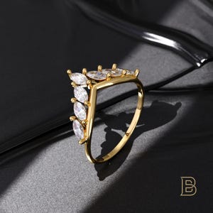 Solid Gold Marquise Curve Ring, 14k Curved Wedding Band for Woman, Diamond Chevron Ring, Stackable Ring Enhancer for Solitaire Ring